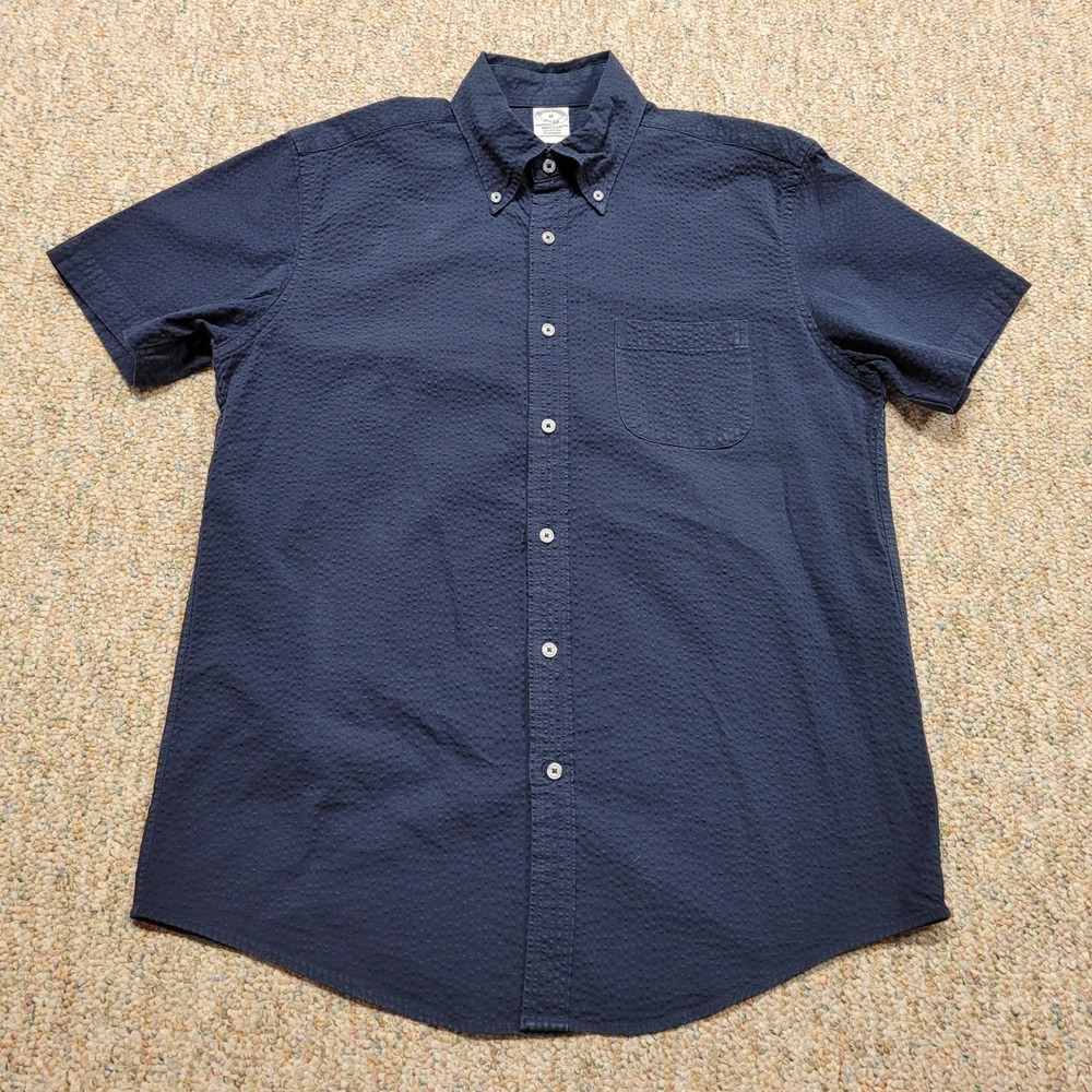 Brooks Brothers Seersucker Shirt Mens Medium Navy Short Sleeve Button Down